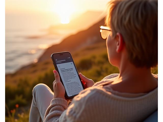 Persona rilassata che legge un articolo sull'app Cronache di Vita senza connessione internet, magari in montagna o in un luogo remoto.