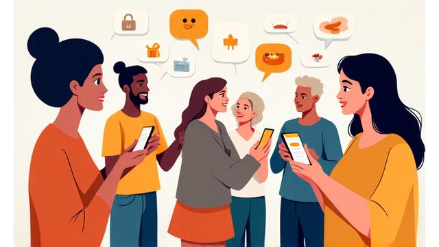 Illustrazione di persone che condividono esperienze positive con l'app, con icone di connettività sociale.