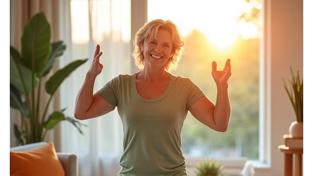 Donna di 40-50 anni sorride mentre fa stretching a casa, la luce del sole entra dalla finestra, simboleggiando benessere e vitalità