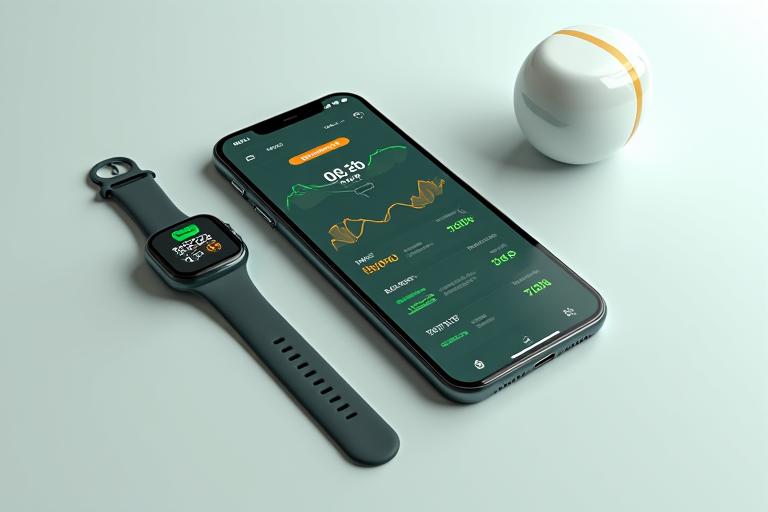 Schermata di un'applicazione mobile con grafici di tracciamento fitness e un wearable device a fianco