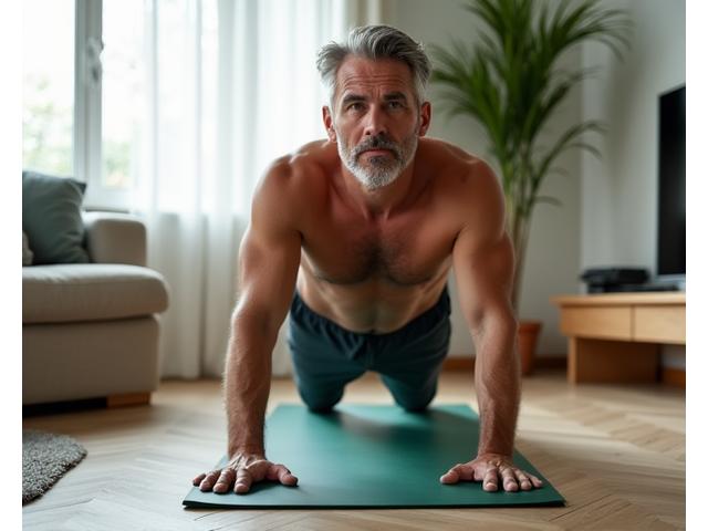 Uomo di mezza età esegue un plank in salotto, mostrando forza e concentrazione