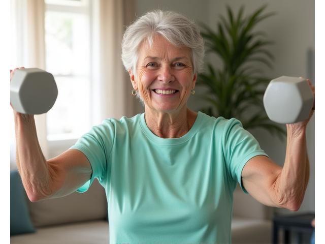 Donna anziana che si allena a casa con pesi leggeri, sorridendo e concentrandosi sulla forma corretta