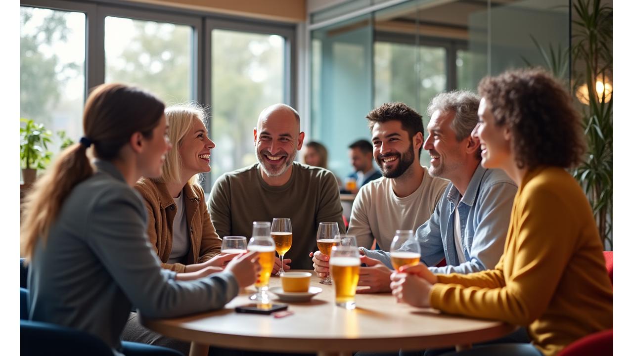 Gruppo di adulti sorridenti che interagiscono in un ambiente moderno e confortevole