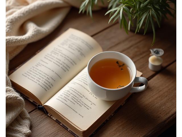 Tazza di tisana fumante e libro su un tavolo di legno