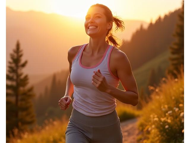 Donna che corre su un sentiero di montagna al mattino