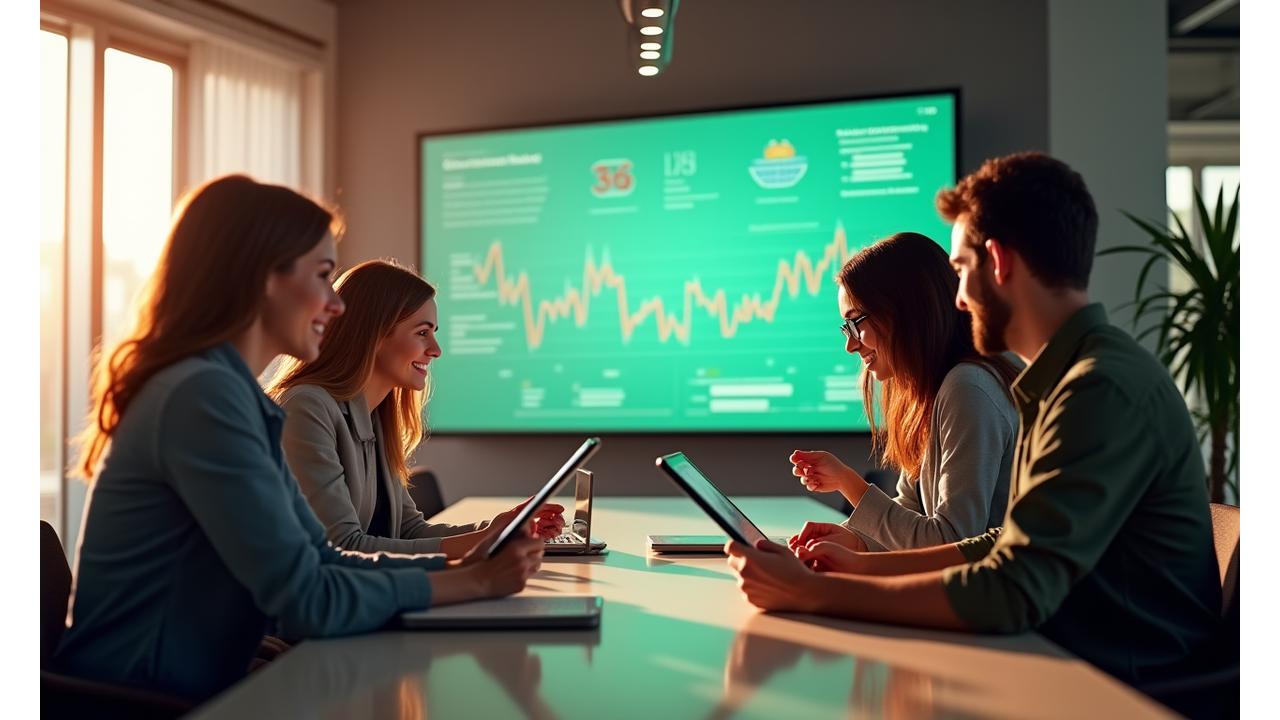 Team diversificato di Cronache di Vita che collabora in un ufficio moderno, con tablet e grafici sullo sfondo, simbolo di innovazione e benessere digitale.
