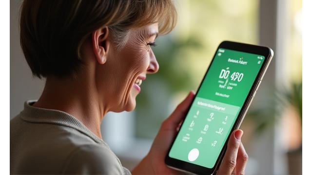 Persona anziana sorridente che usa un'app di benessere su smartphone, design pulito e intuitivo.
