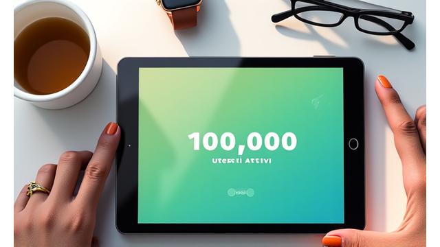 Grafico di crescita con milestone '10,000 utenti' su schermo di tablet, circondato da simboli di benessere digitale.