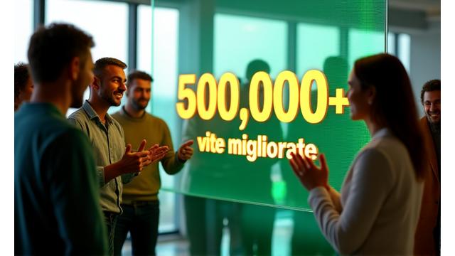 Mano che indica un tablet con un'interfaccia utente che mostra una statistica impressionante: '500,000+ utenti attivi'.