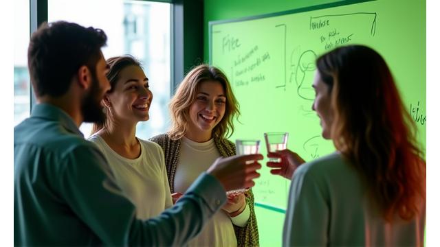 Team fondatore di Cronache di Vita che celebra l'inizio del progetto in un moderno ufficio milanese.