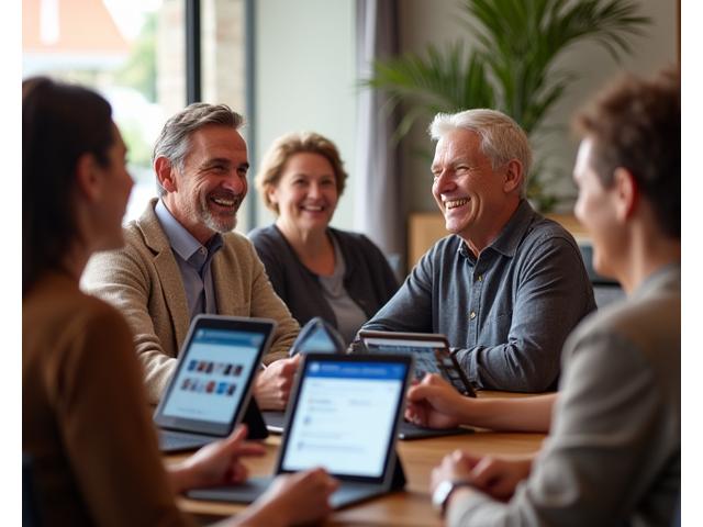 Un gruppo diversificato di adulti sorridenti che interagiscono su un forum digitale, simbolizzando connessione e supporto nella community di benessere.
