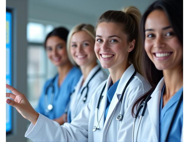 Un team di professionisti medici e del benessere sorride e interagisce, rappresentando la moderazione qualificata della community.