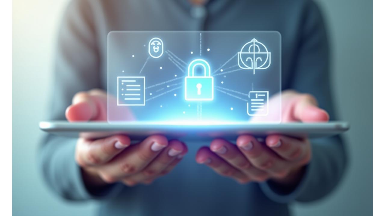Mani che stringono un foglio trasparente con icone digitali di sicurezza e privacy