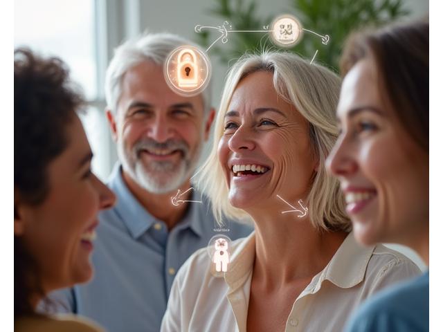 Persone che interagiscono con icone di privacy e sicurezza digitale, rappresentando diritti e responsabilità degli utenti