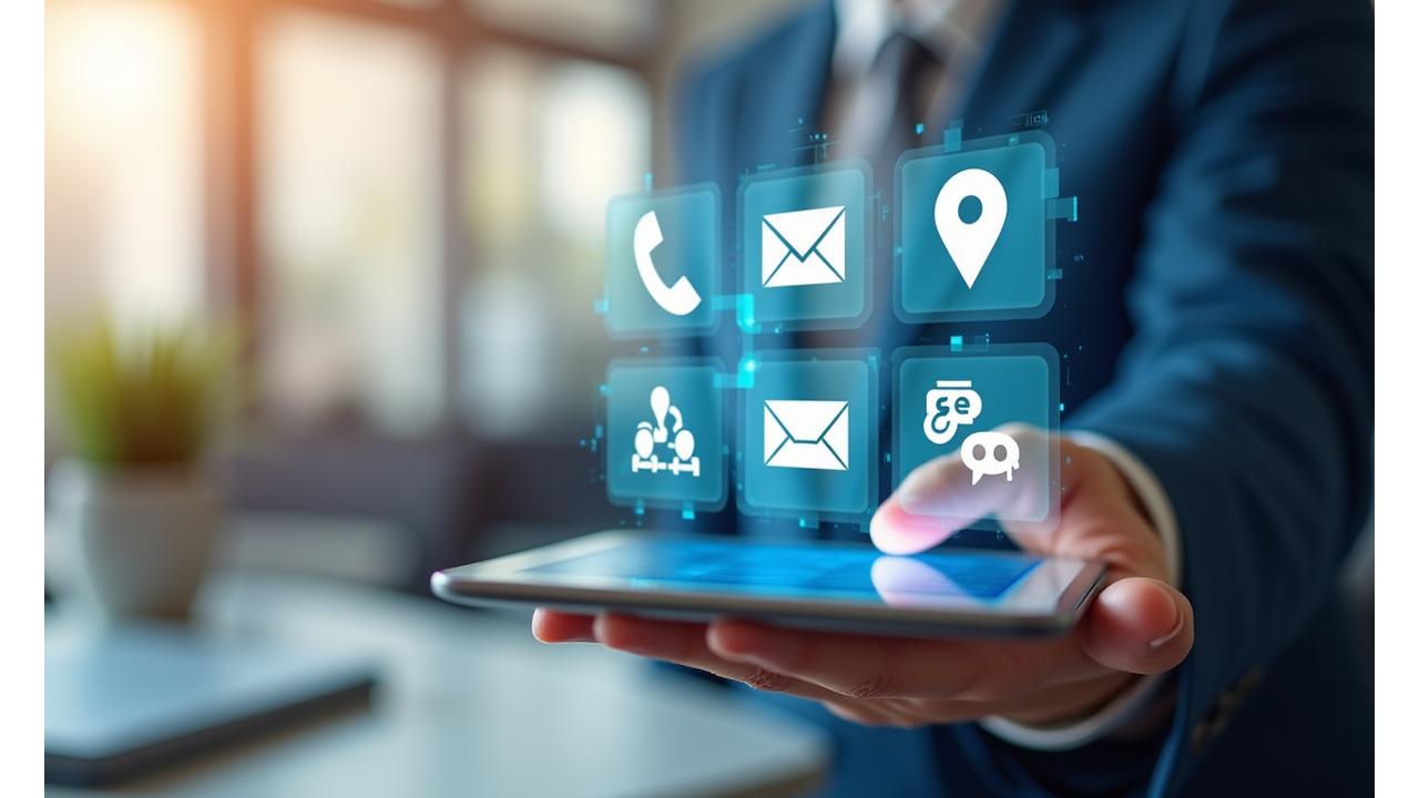 Diverse opzioni di contatto rappresentate da icone, sullo sfondo una mano che interagisce con un tablet mostrando simbolo di chat