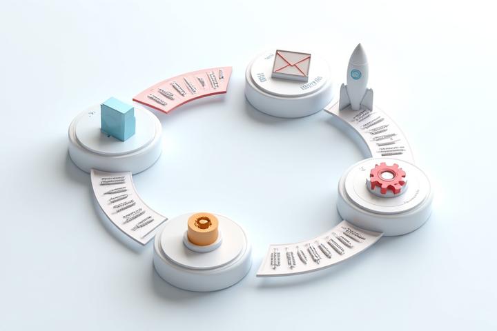 Diagramma visivo del processo di gestione del feedback, con passaggi stilizzati come ingranaggi interconnessi che portano all'innovazione.