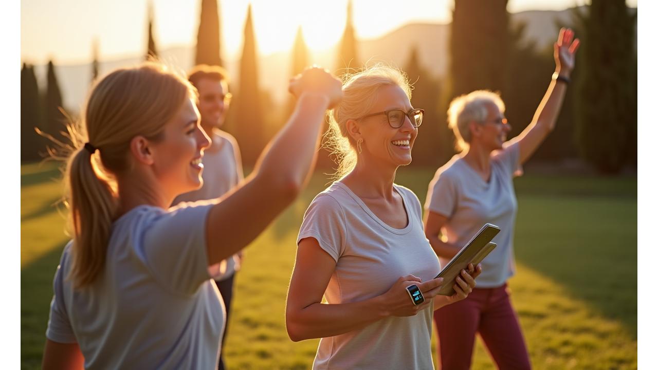 Coppia di adulti sorridenti che fanno esercizio leggero all'aperto con smartwatch e tablet, simbolizzando il benessere digitale