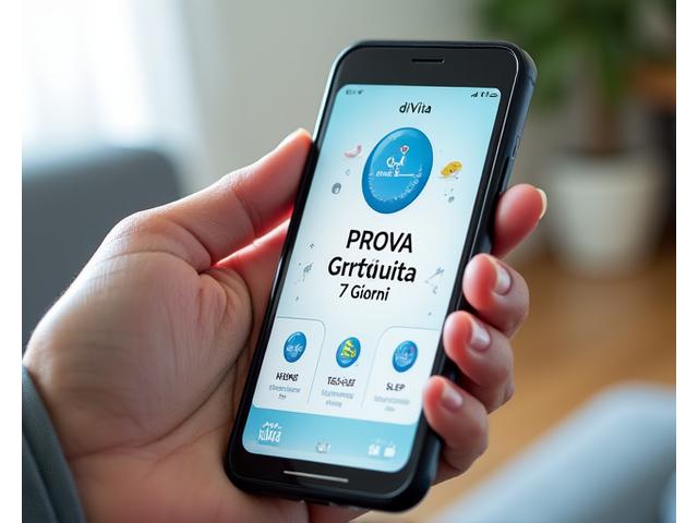 Interfaccia di un'applicazione mobile con la scritta 'Prova Gratuita 7 Giorni' e icone di benessere
