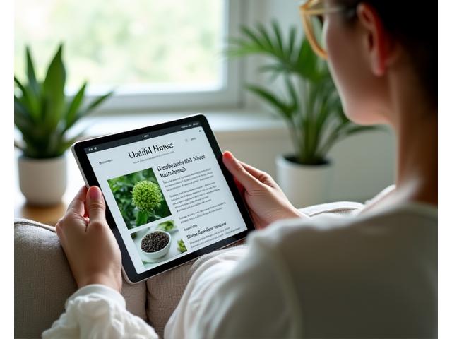 Immagine di una persona che legge un articolo su un tablet, circondata da piante, simboleggiando un blog di salute e benessere