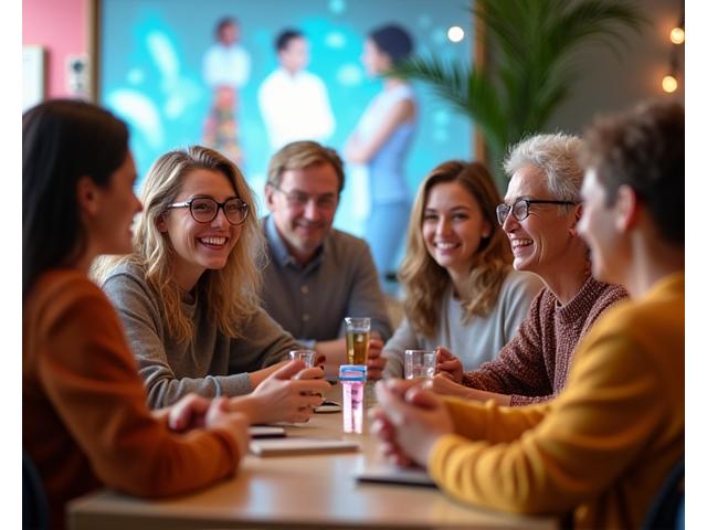 Immagine di un gruppo di persone che interagiscono felicemente in un forum online, simboleggiando una community di supporto