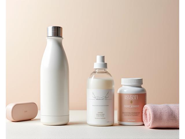 Immagine di prodotti per il benessere come integratori, libri e attrezzature per lo yoga disposti in modo elegante
