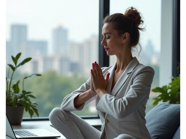 Persona 35-45 anni che pratica mindfulness per gestire lo stress lavorativo, con sfondo urbano e verde urbano