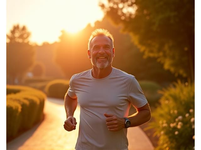 Persona 45-55 anni che fa jogging al parco, sorridente e piena di energia, simboleggiando prevenzione e vitalità