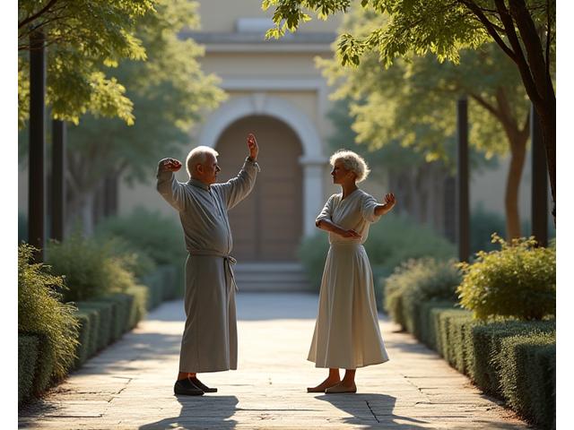 Coppia di anziani sorridenti che praticano Tai Chi in un giardino, con serenità e vitalità