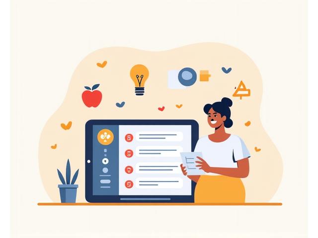 Illustrazione di una persona che compila un quiz online sul benessere su un tablet o laptop, con grafici e icone salutari intorno, in stile flat design
