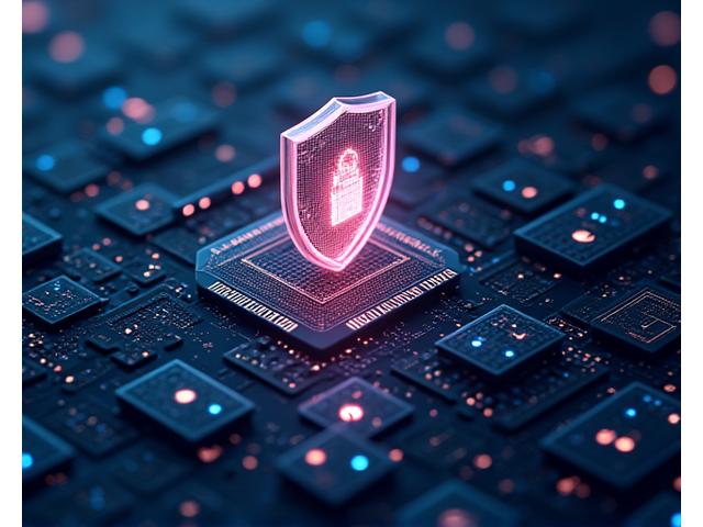 Rappresentazione visiva di misure di sicurezza informatica, con strati di codice, lucchetti digitali, server protetti e un'icona di scudo, che trasmette un senso di robustezza e protezione. I colori della palette del brand sono ben visibili.