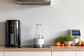 Moderni utensili da cucina su un bancone pulito, pronti per la preparazione di cibi sani.