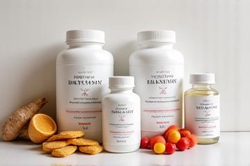 Diversi tipi di integratori alimentari e vitamine in contenitori ben etichettati.
