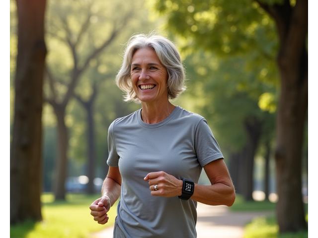 Donna sorridente che indossa un fitness tracker mentre fa jogging in un parco verde, simbolo di benessere digitale e vita attiva.