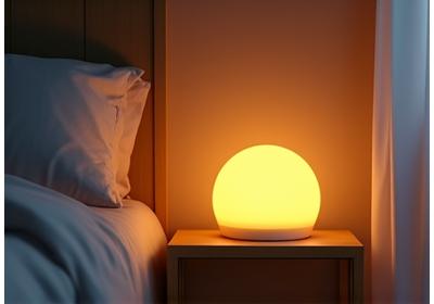 Una lampada smart per la terapia della luce posta su un comodino in una camera da letto accogliente.