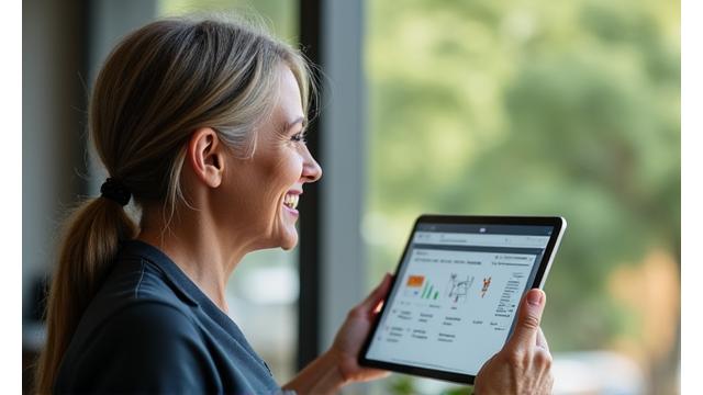 Donna che compila un modulo digitale su un tablet, circondata da icone che rappresentano cibo sano, esercizi e un letto.