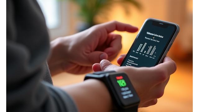 Persona anziana che usa uno smartwatch e un'app per smartphone per monitorare la propria attività fisica.